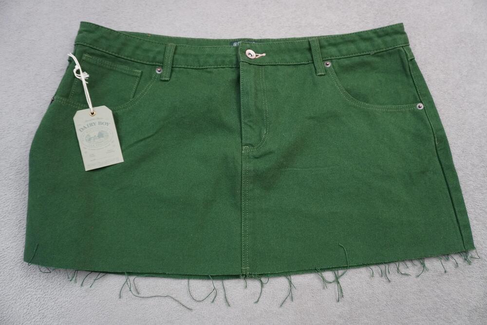 Dairy Boy Skirt Womens 34 Green Cotton Denim Mini Raw Fringe Hem 5 Pocket Casual